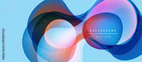 Abstract flowing shapes, vibrant colors, modern design. Gradient layers create dynamic visual effect. Light blue background enhances composition.