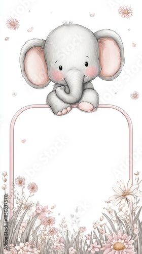 A cute elephant is sitting on a white frame with pink flowers