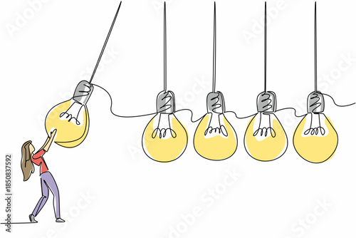 Continuous one line drawing a businesswoman holds a lightbulb and swings it at 4 lightbulbs in a row. Pendulum of encouragement. National Creativity Day. Single line draw design vector illustration