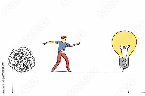 Single one line drawing a man walks on tightrope between a big tangled ball and a lightbulb. Moving from the complexity of thought. National Creativity Day. Continuous line design graphic illustration