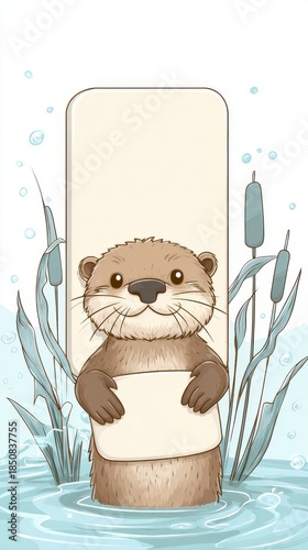 A cartoon otter is holding a white sign in its paws