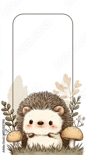 A cute cartoon hedgehog is sitting on a mushroom in a field