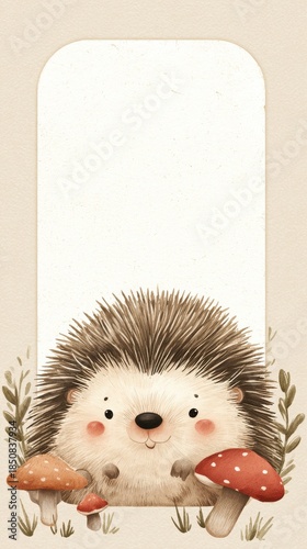 A cute cartoon hedgehog is sitting on a mushroom