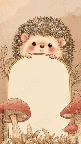 A cute cartoon hedgehog holding a piece of paper in front of a mushroom