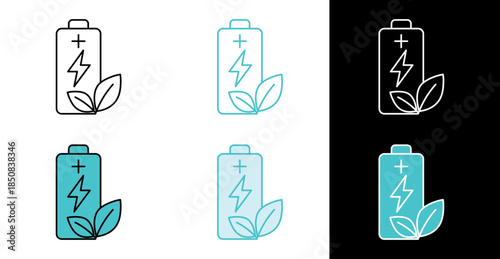 Battery with leaves icon for renewable energy and green power in line and fill style