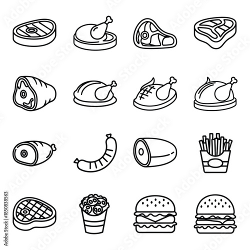Food Icons Set Including Burgers and Grilled Meats