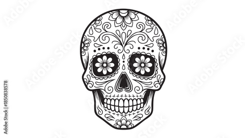 Elegant Black and White Sugar Skull Illustration for Day of the Dead Celebrations