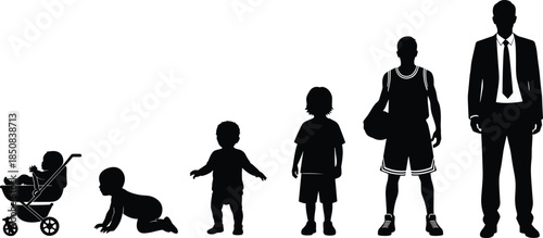 Silhouette illustration of human life stages from baby in stroller to adult businessman, symbolizing growth, development, and the journey of life.