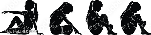 Silhouette of a young girl sitting in different sad poses, lonely child feeling depressed and stressed, concept of childhood anxiety and mental health