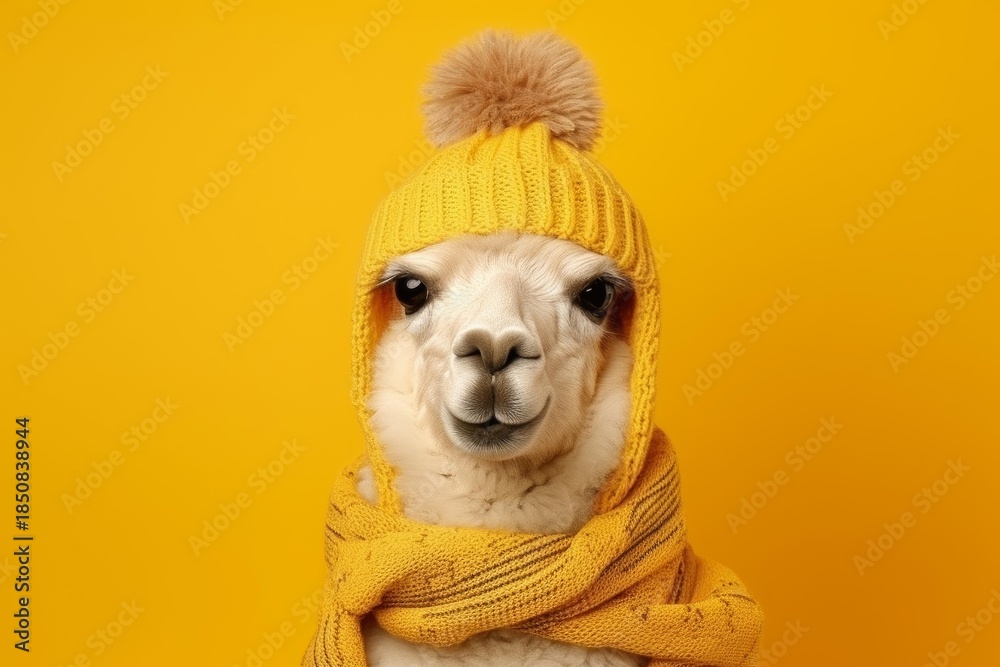 Fototapeta premium Adorable alpaca wearing a knitted winter hat and scarf, posing against a vibrant yellow backdrop