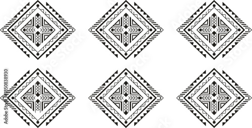 Tribal inspired geometric diamond shapes with intricate patterns for ethnic decorative borders and graphic design