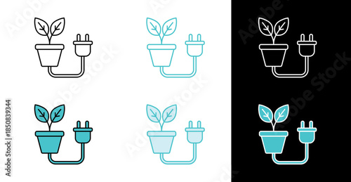 Plant pot with electric plug icon for renewable energy and eco power in line and fill style
