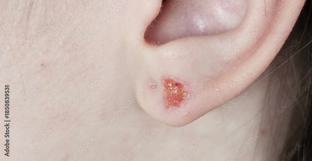 Fototapeta premium Skin irritation near ear with swelling and discoloration observed in a close-up