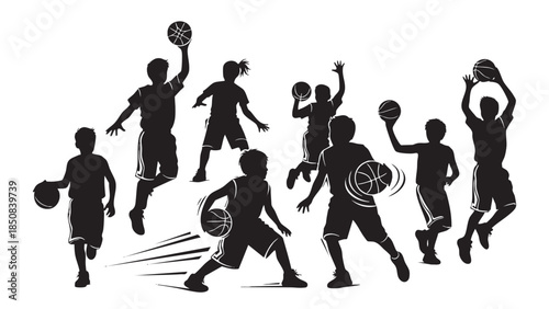 Children Playing Basketball Action Silhouette Isolated on Transparent Background
