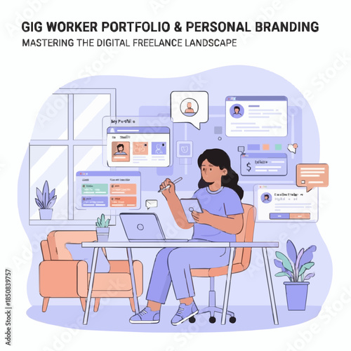 Gig Worker Portfolio and Personal Branding Illustration, Freelance Digital Nomad Working from Home with Portfolio Interface, Content Creator Social Media Management and Online Business Concept