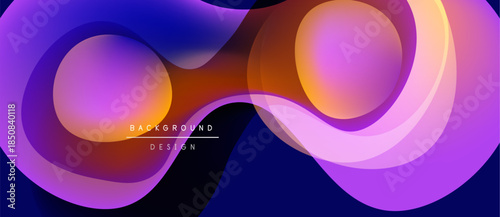 Abstract fluid shapes blend, creating vibrant purple, orange hues. Modern design evokes motion, energy, visual appeal. Background features text elements.