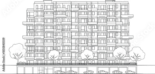 Modern apartment building front elevation with modular balcony design and underground parking garage architectural vector line illustration.