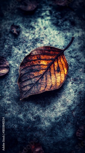 Curled Dry Leaf on Gray Surface with Chalk Texture and Focused Detail