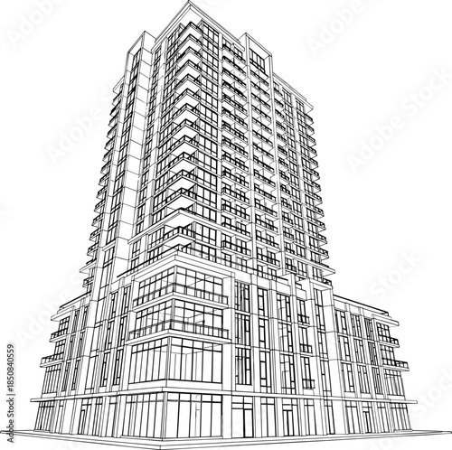 Modern high rise residential apartment building exterior line art illustration with glass balconies and urban city architecture structure