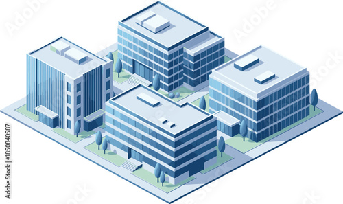 Modern isometric office buildings and corporate business park complex for commercial real estate and city infrastructure vector illustration.
