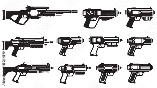 Collection of Various Black Silhouettes of Pistols and Guns for Design
