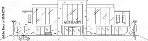 Modern public library building exterior line art illustration with glass windows street lamps and a small car