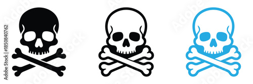 Skull and crossbones symbols in black and blue,Crossbones vector icon set. Crossbones and skull icons. Skeleton icons. Skull icon set.Skulls and crossbones. Skulls with crossbones icons collection 