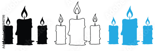 Colorful candles in various states of burning brightly,Candle vector icon set. Candles flaming flat icons.Candle silhouettes. Candle icon vector 10 eps.