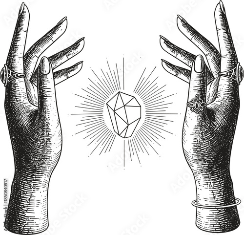 Mystical hands reaching toward a glowing geometric crystal in vintage woodcut style for spiritual and esoteric designs