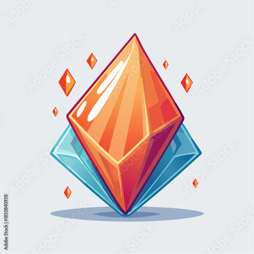 Illustration of an orange gem on top of a blue gem with smaller gems around it.
