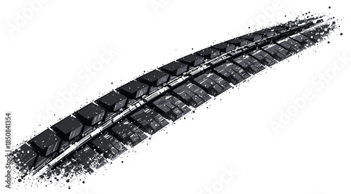 curved tire track arcs across a white background, finished with scattered splash splatters. Ideal for automotive, speed, and design concepts, conveying motion, momentum.