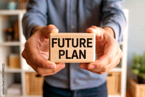 Hands Holding Wooden Block with Future Plan Message for Business Strategy and Goal Planning Concept