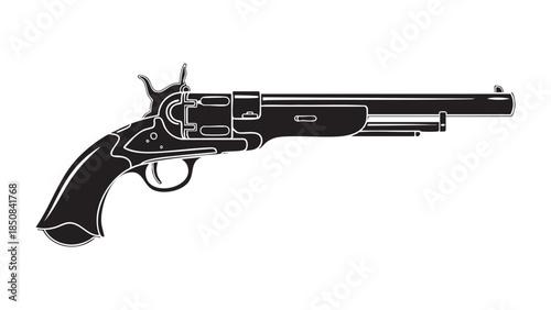 Illustration of a classic revolver pistol in black and white