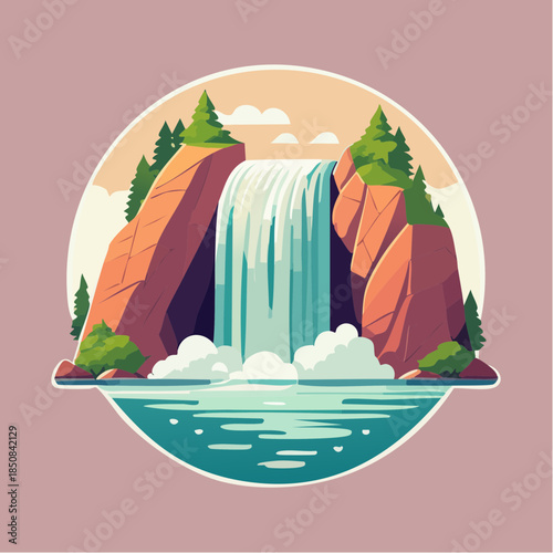 Stylized illustration of a waterfall cascading between rocky cliffs into a pool.
