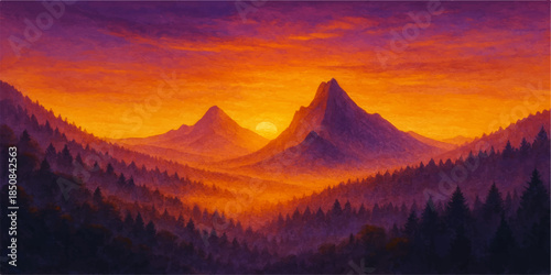 Panoramic mountain landscape at sunrise and sunset features snow-capped peaks and a foggy valley under a glowing winter sky with clouds over the Alpine horizon