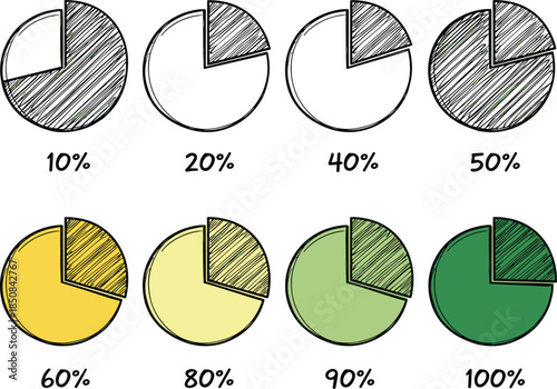 Vector Illustration Set of Hand Drawn Sketch Style Pie Charts Showing Various Percentage Levels for Creative Business Infographics