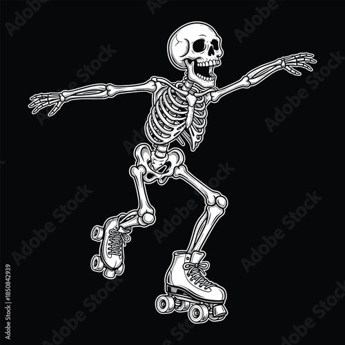 Vector Illustration of a Human Skeleton Happily Roller Skating with Arms Outstretched for Retro Halloween Action Concept Art