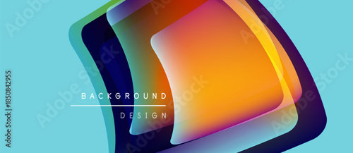 Abstract layered shapes, vibrant colors, blue backdrop. Modern design elements create dynamic visual impact. Smooth gradients present depth.