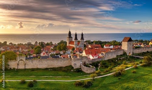 drone cityscape of Visby with the medieval city wall and landmark cathedral at sunset