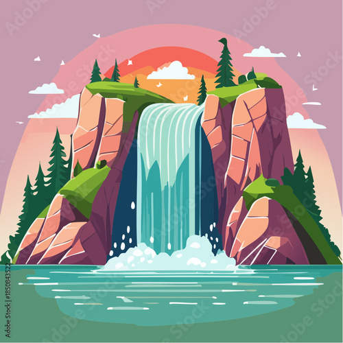 Scenic waterfall cascading from rocky cliffs into a serene lake, with a colorful sky backdrop.