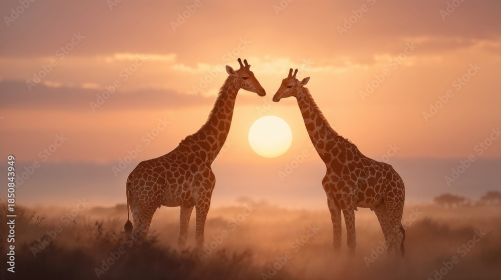 Fototapeta premium Two giraffes silhouetted against golden sunset sky in African savanna landscape, romantic wildlife scene with warm orange glow and misty atmosphere, nature and conservation theme