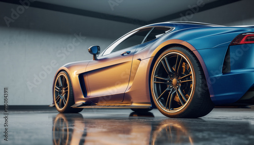 Luxury Sports Car Side View in Modern Studio with Glossy Floor