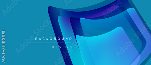 Abstract blue layers create dynamic background. Gradient shades suggest depth, modern design elements present. Minimalist aesthetic.