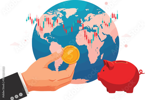 International Finance and Global Investment Vector Illustration Showing Hand Placing Coin in Piggy Bank Against a World Map and Stock Market Chart