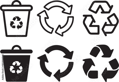 Recycling and waste icons with bin, loop, symbol, eco, trash, sustainability, isolated vector set