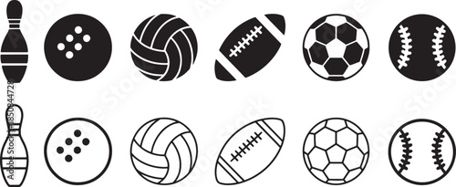 Sports equipment icons with bowling, volleyball, football, soccer, baseball, outline, solid, isolated vector set