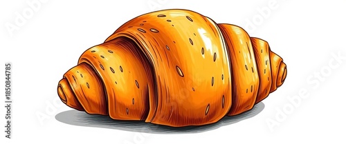 A rustic, hand-drawn illustration of a golden-brown croissant, flaky layers visible,  element,  graphic