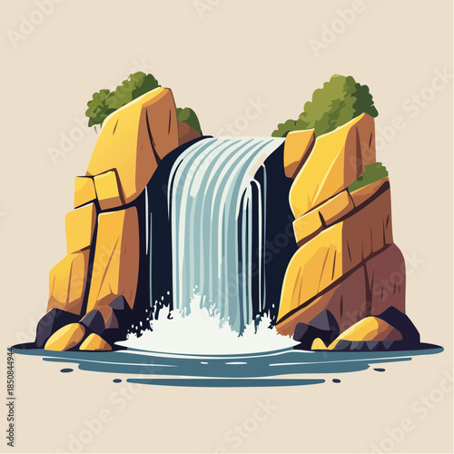 A cartoon waterfall cascading between two large, jagged rocks with green bushes on top.