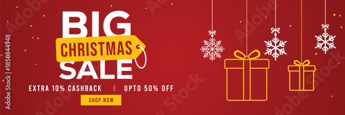 Festive red Christmas sale banner with hanging snowflake ornaments, bold Big Christmas Sale text, extra 10% cashback and up to 50% off offer, modern holiday shopping promotion background.