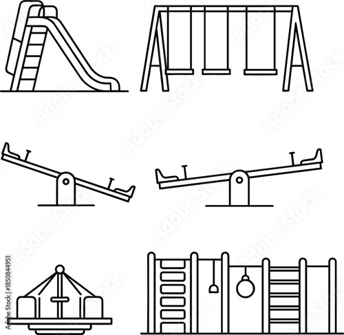 Minimalist Outline Icon Set of Playground Equipment Vector Illustration Featuring Slide, Swings, Teeter-Totters, and Monkey Bars